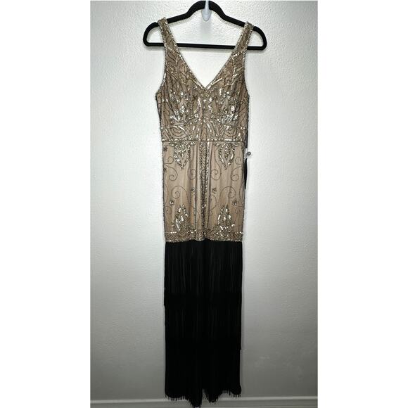 NWT Sue Wong Beaded Gold Mesh Top Black Fringe Bottom Evening Dress 8 - Picture 1 of 15